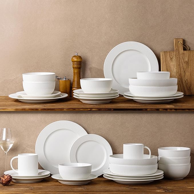 TheTerra Stoneware Dinnerware Sets for 6, 18 Pieces Ceramic Plates and Bowls Sets, Scratch Resistant Embossed Dish Set, Oven, Microwave & Dishwasher Safe, Bright White