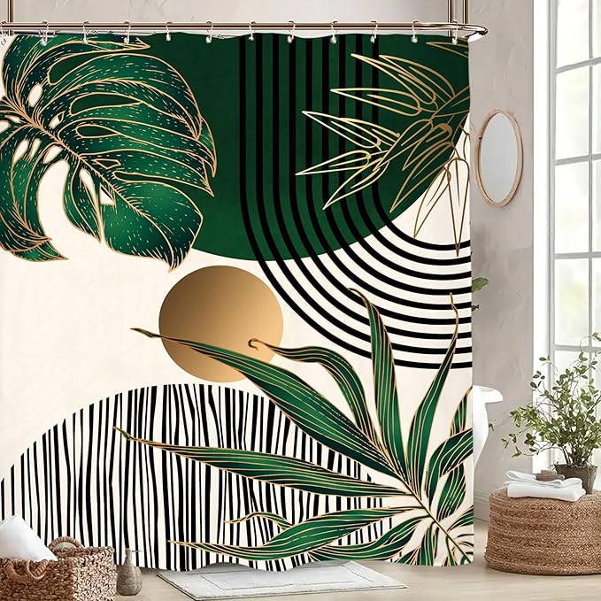 Miyotaa Emerald Green Abstract Shower Curtain Set 60Wx71H Inches Vintage Minimalist Aesthetic Modern Contemporary Plant Leaves Polyester Waterproof Cloth Bathroom Curtain with 12 Hooks