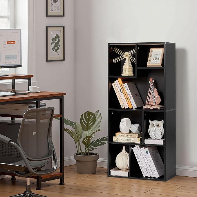 VECELO 42 Inch High Bookcase, 4-Tier Modern Storage Cabinet with Height Difference Shelves for Standard Textbooks, Floor Standing, 7 Cubes, Horizontal Available, Easy Assembly, Vintage Black
