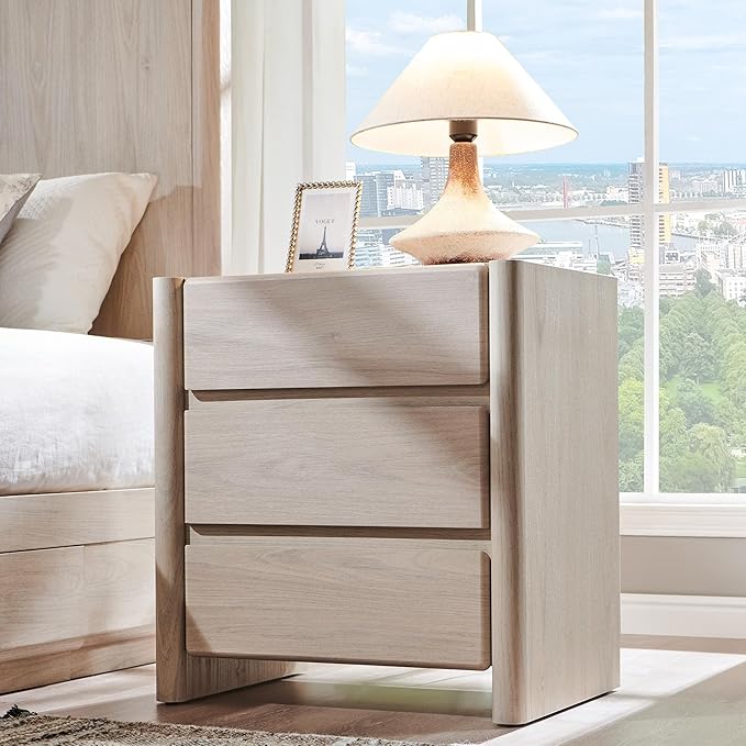25" Tall Modern Nightstand with Charging Station, 23.6" W Nightstand with 3 Storage Drawers & Open Shelf, Wood Night Stand w/Rounded Corner Design for Bedroom, Living Room (Cream)