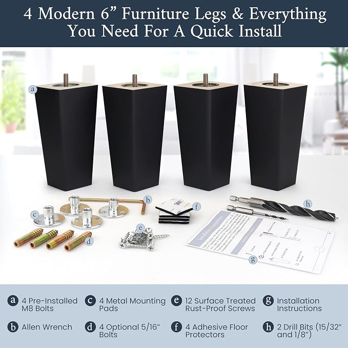 Airy Abode Premium Black Square Furniture Legs (Full Install Kit) - Pick Your Size and Color