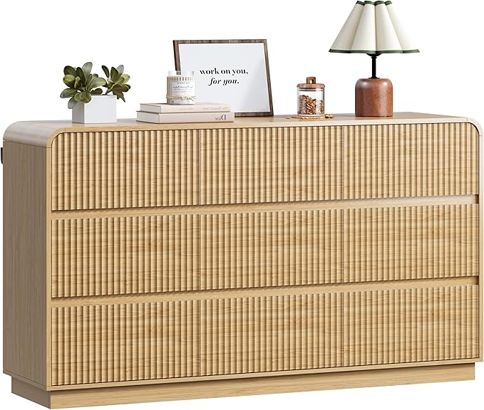 Oak Dresser Fluted 9 Drawers Dresser for Bedroom, 59" Wide Wood Chest of Drawers with Hidden Handles & Rounded Corners, Modern TV Stand Storage Cabinet for Living Room, Hallway, Entryway