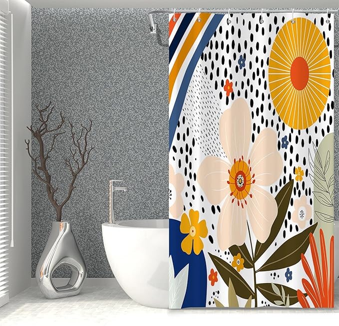 Colorful Boho Bathroom Shower Curtain Pink Floral Sun Abstract White Spots Shower Curtain Aesthetics Art Decor Washable Polyester Durable Fabric Shower Curtain with Hooks, 36x72 Inch