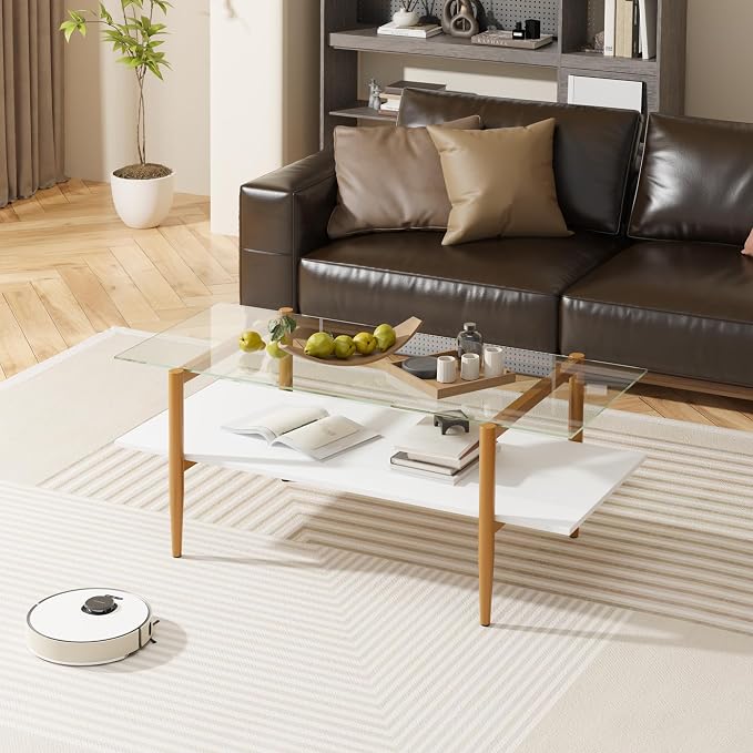Furnify Glass Coffee Table, Rectangle Living Room Center Table with Golden Legs, Mid-Century Modern Accent Tables with Open Shelf for Living Room, Office, White