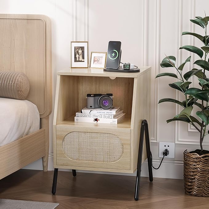 VINGLI Rattan Nightstand with Charging Station, Boho Nightstand Bedroom, Wood End Table with Drawers, Small Night Stand, Real Rattan Bed Side Table, 17.56" W x 15.75" D x 23.46" H