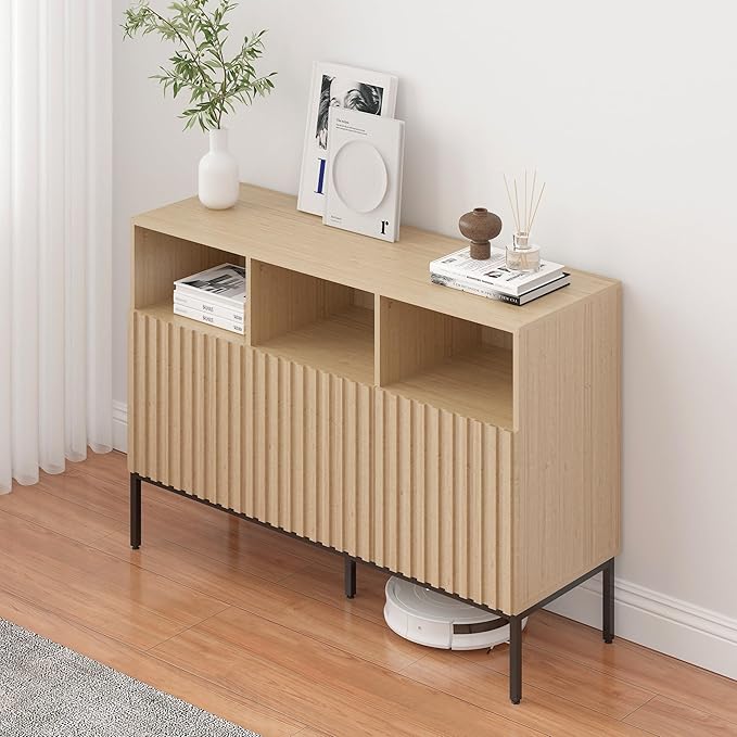 Set of 2 Oxford Fluted Storage Cabinet, Sideboard Buffet Credenza with Doors, Accent Console for Living Dining Room, Entryway