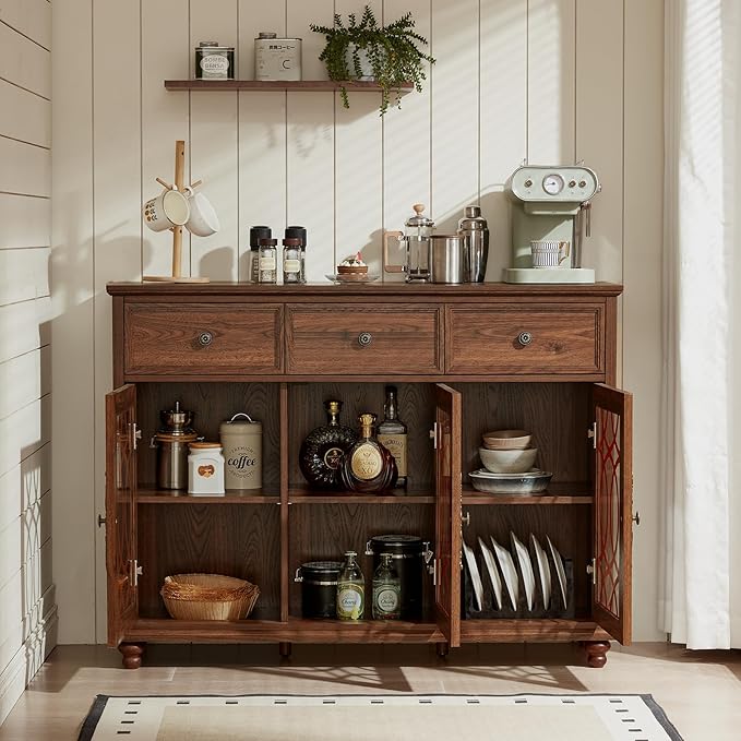 Farmhouse Sideboard Buffet Cabinet with Storage,48" Large Credenza with 3 Glass Doors & 3 Drawers,Adjustable Shelves Console Table,Wood Kitchen Coffee Bar for Dining Room,Living Room,Brown
