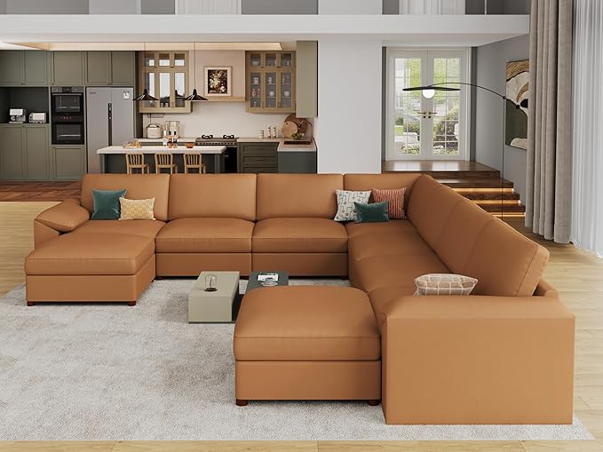 EASE MOOSE Oversized U Shaped Couch,Modular Sectional Convertible Sofa with Wide Deep,Extra Large Faux Leather Scratch Resistant Modern Couch for Big Spaces,Brown