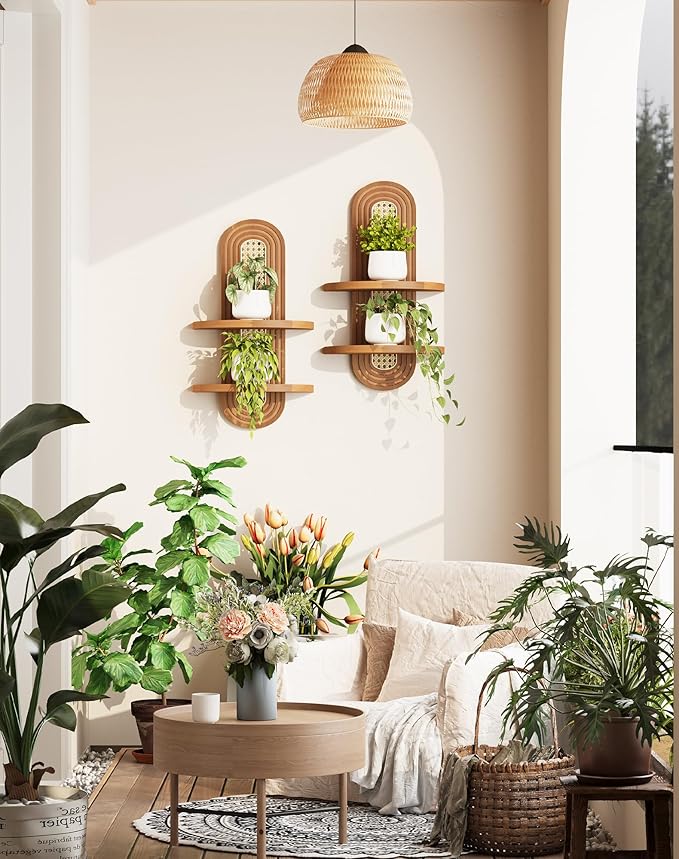 Floating Shelves for Wall,Boho Rattan Plant Shelf Wall Mounted,Mid Century Hanging Small Decorative Shelf,2 Tier Natural Wood Shelves for Living Room,Bedroom,Nursey Room,1-Pack (Walnut)