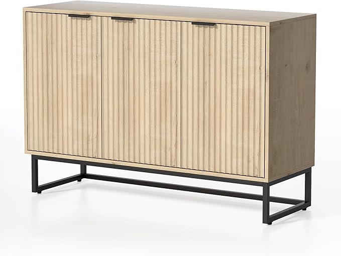 Fluted Storage Cabinet with 3 Doors, Sideboard Buffet Cabinets Adjustable Shelves, Credenza Console Table Cabinets for Living Room, Light Oak