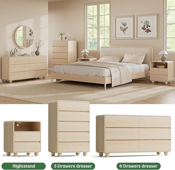 Lulive Wood Dresser for Bedroom, 41” Tall Chest of Drawers with 5 Drawers, Modern Closet Storage Drawer with Curved Profile Design for Living Room, Hallway, Entryway, Natural