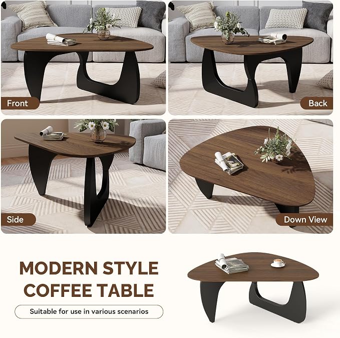 Modern Wood Coffee Table, Triangle Center Table with Premium Wooden Top& Unique Base, 35.5” Small Mid Century Tea Tables for Living Room, Apartment, Office,Walnut & Black