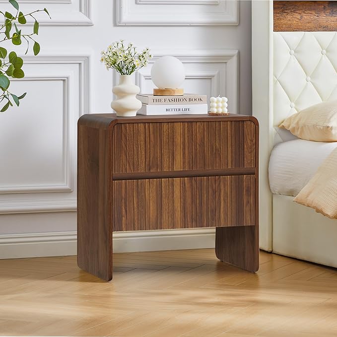 Flute 2 Drawer Dresser,Mid Century Modern Small Nightstand with 2 Drawer for Bedroom, Wood Side Table with Curved Profile for Living Room,Hallway,Enterrway