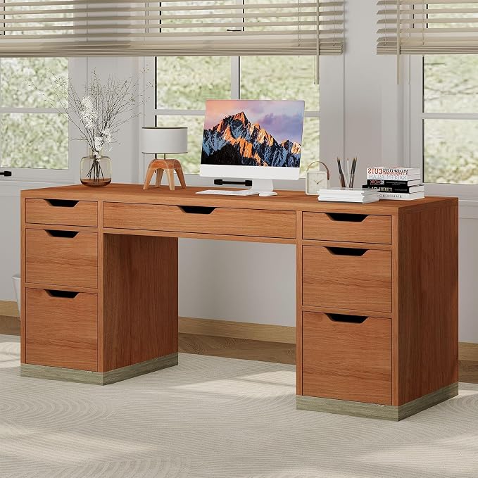 MaverickFurni 54 Inch Executive Desk with Drawers, Computer Desk with 7 Drawers for Bedroom, Office Desk with File Cabinet for Work Study Writing, Small Spaces, Brown