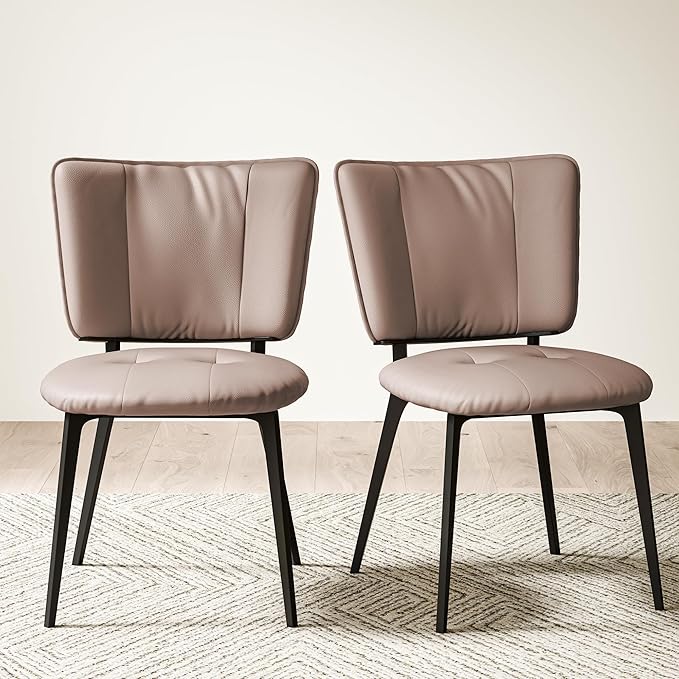 Upholstered Kitchen Dining Chairs Set of 2, Modern PU Leather Dining Chairs with Comfortable Round Seat & Metal Legs, Easy Assembly, Kitchen Living Room Lounge Restaurant, Light Coffee