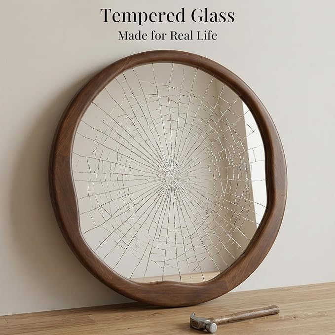 Round Dark Wood Mirror 30 Inch, Large Asymmetrical Wavy Frame Wall Mirror for Foyer, Fireplace, Solid Wood Irregular Luxury Decor