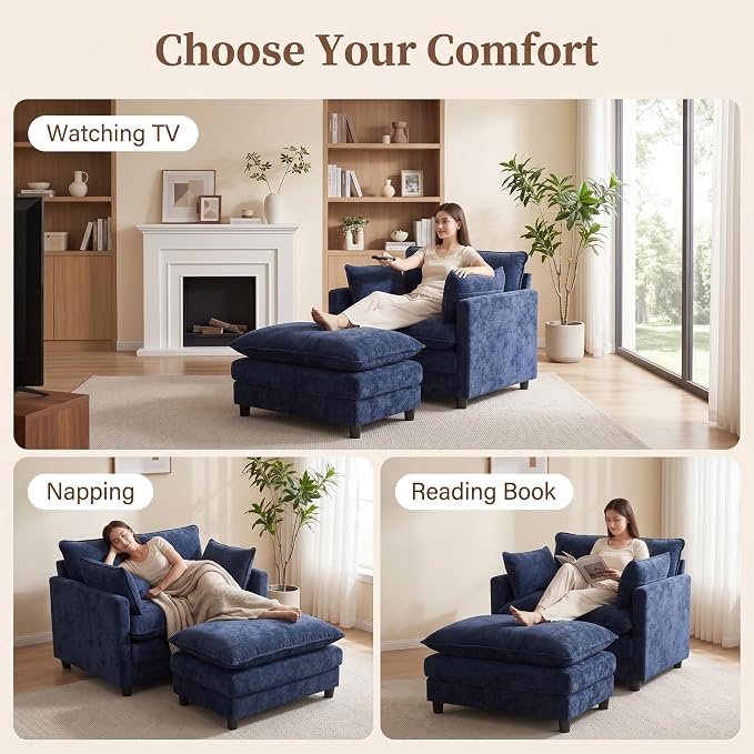 Oversized Accent Chair with Ottoman, Chenille Cloud Single Sofa Upholstered Double-Layer Seat Lounge Armchair with Pillows for Living Room Reading Apartment, Blue