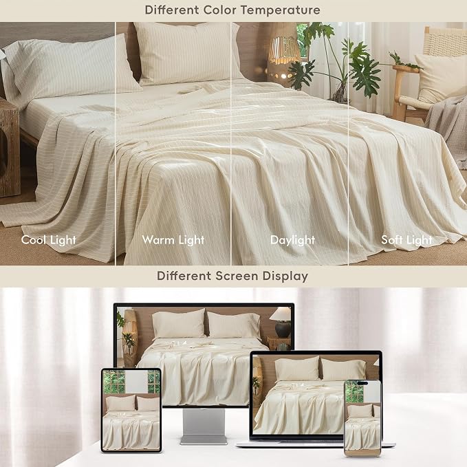 MooMee Striped Sheet Set 100% Washed Cotton Linen Like Textured Breathable Durable Soft Comfy (Almond Milk Grey White Wide Stripes, King)