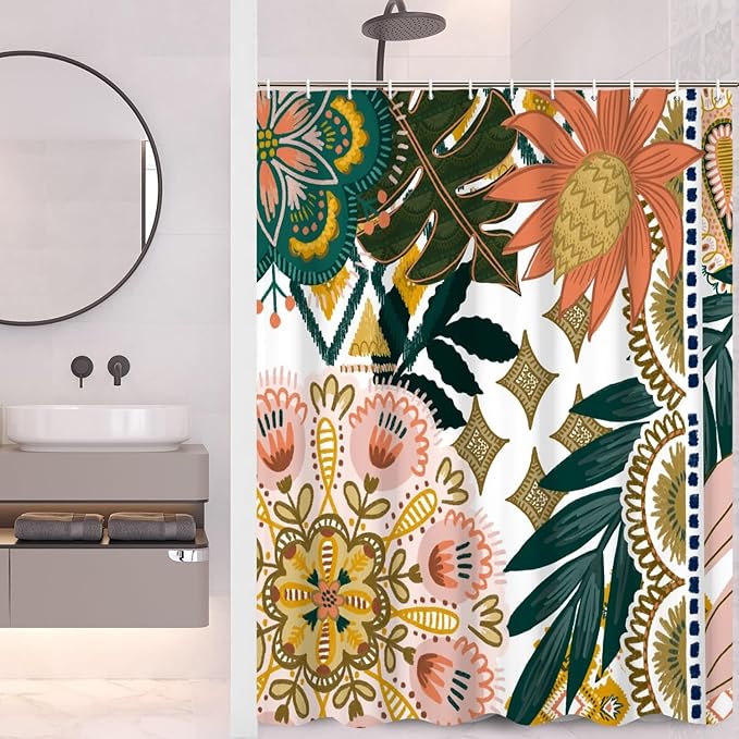 Bohemian Floral Bathroom Curtain - Colorful Boho Leaves Flowers Shower Curtain with Hooks - Polyester Waterproof Fabric Paisley Unique Trendy Woman Decor, 72x72 Inch