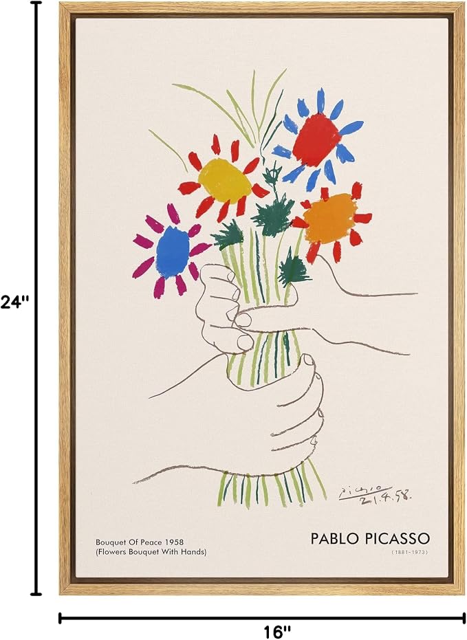 SIGNLEADER Framed Canvas Print Wall Art Pablo Picasso Flower Bouquet Peace Nature Wilderness Illustrations Fine Art Rustic Scenic Relax/Calm Colorful for Living Room, Bedroom, Office - 16"x24" NATURAL