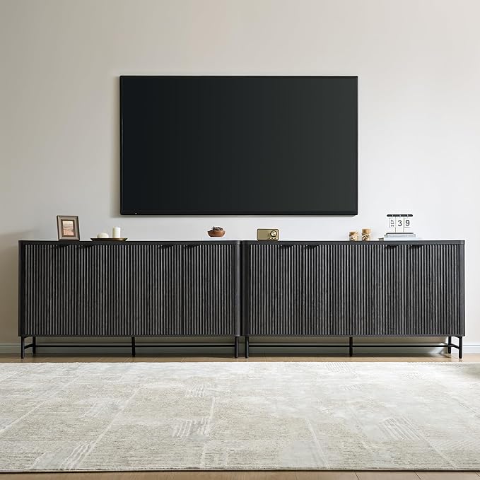 65" Large Sideboard Buffet Cabinet with Storage,Modern Fluted Credenza with Doors & Adjustable Shelves,Accent Coffee Bar/TV Console for Dining Room & Living Room,Black Gray