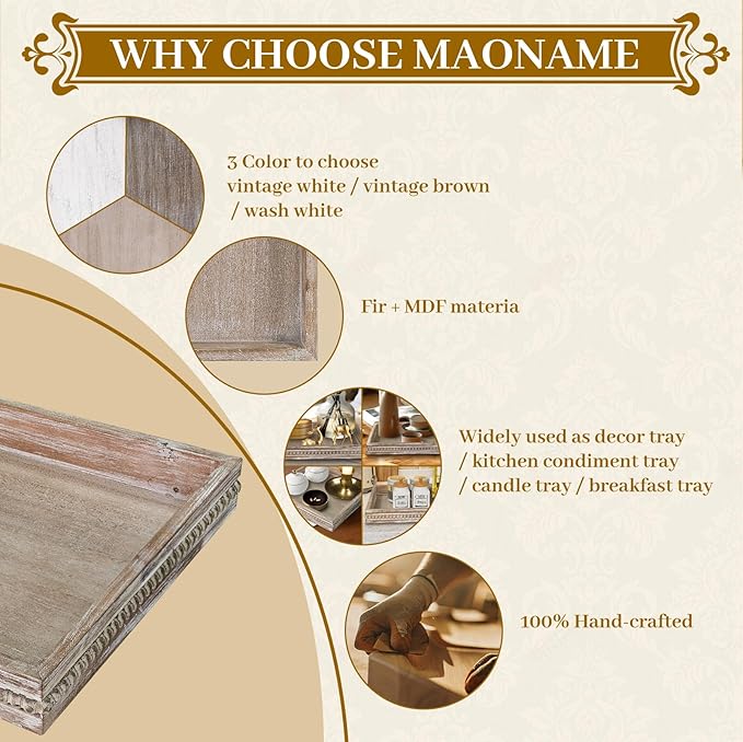 MAONAME Wood Serving Tray, Farmhouse Wooden Tray for Coffee Table, Rustic Square Trays with Beads, Washed White Decorative Trays for Living Room, Kitchen, 12" X 12" X 1.6"
