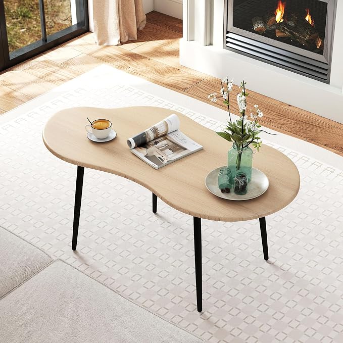 Giantex Small Coffee Table, 39.5" Cloud Center Table with Metal Frame, Unique Irregular Accent Cocktail Tea Table, Modern Wood Coffee Table for Living Room, Small Spaces (Natural)