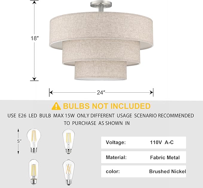 Doraimi Lighting 3 Tier Milky Apricot Linen Drum Fabric Semi Flush Mount Light Modern Farmhouse Decor 7 Light 24 Inch Brushed Nickel Finish for Kitchen Living Room Dining Room Corridor Hallway