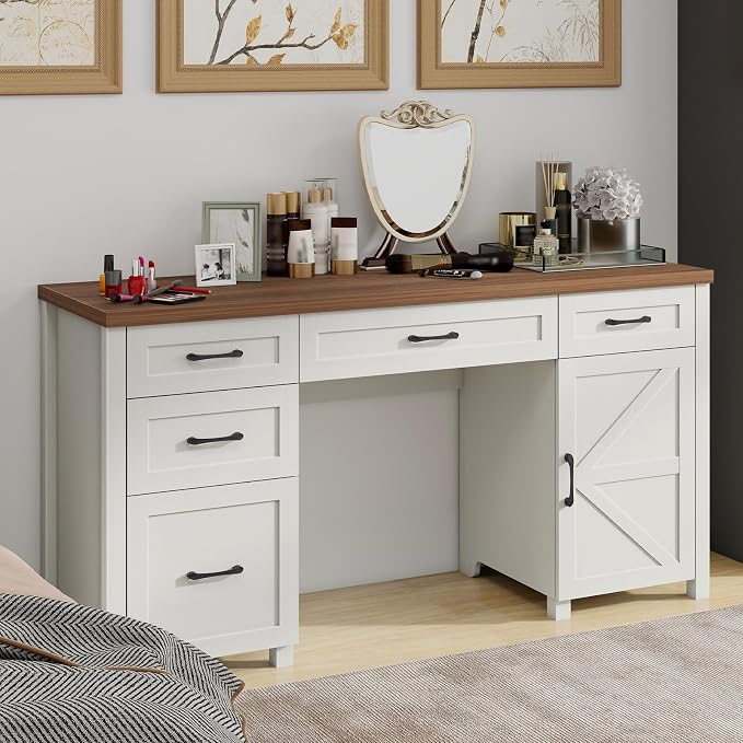 Vabches Farmhouse 61'' Executive Desk with 5 Drawers, Rustic Office Desk Computer Table with File Drawers and Storage Cabinet, Wood Workstation for Study and Home Office,(Unique White)