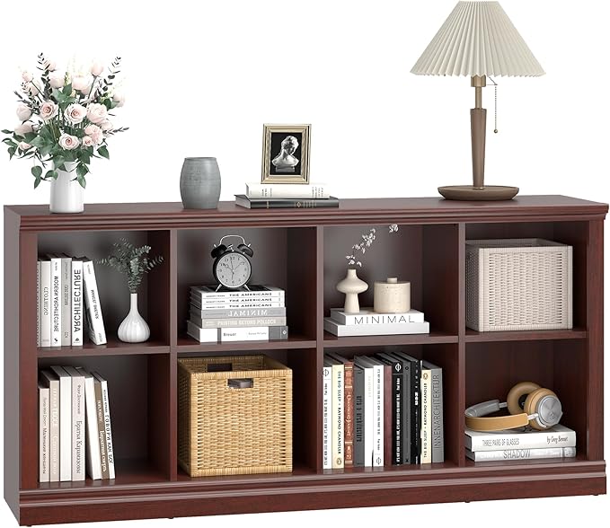 Bevfint 8 Cube Storage Organizer Bookcase - 2 Tiers 8 Storage Cube Adjustable Space Book Case, Display Cabinet Organizer, 54.7 inch Width Horizontal Bookshelf for Home Library Office, Mahogany