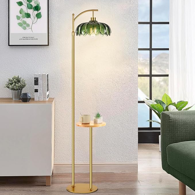 QIYIZM Gold Floor Lamp with Table and Shelves for Living Room Bedroom,Glass Standing Lamp with Remote Dimmable,Boho Brass Tall Lamp Vintage Farmhouse Arc Flower Floor Light Bohemian