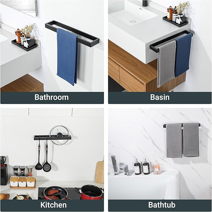 Sayayo Matte Black Towel Bar for Bathroom, 16 Inch Hand Towel Holder Wall Mount, Screw or Self Adhesive Towel Ring Square SUS304 Stainless Steel, 3.2 Inch Wide