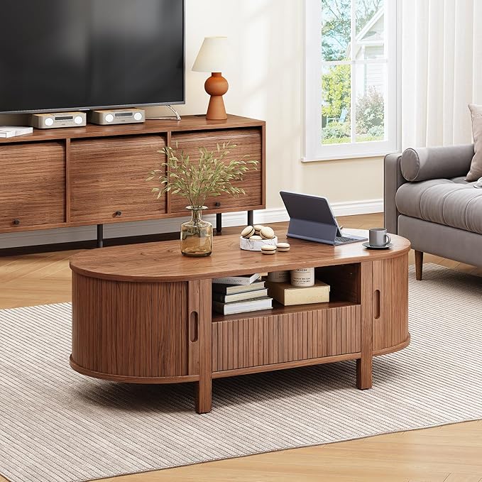 ONBRILL 47.2 Inch Oval Coffee Table with Storage, Mid Century Modern Coffee Table with Drawer, Center Table with Sliding Door and Wood Fluted Handle for Living Room, Walnut