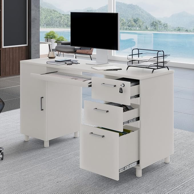 Modern Design Venice Computer Office Desk with 3 Locking Drawers and Storage Cabinet, 53 Inch Home and Office Executive White Desk with Keyboard Tray by Crafts and Comfort