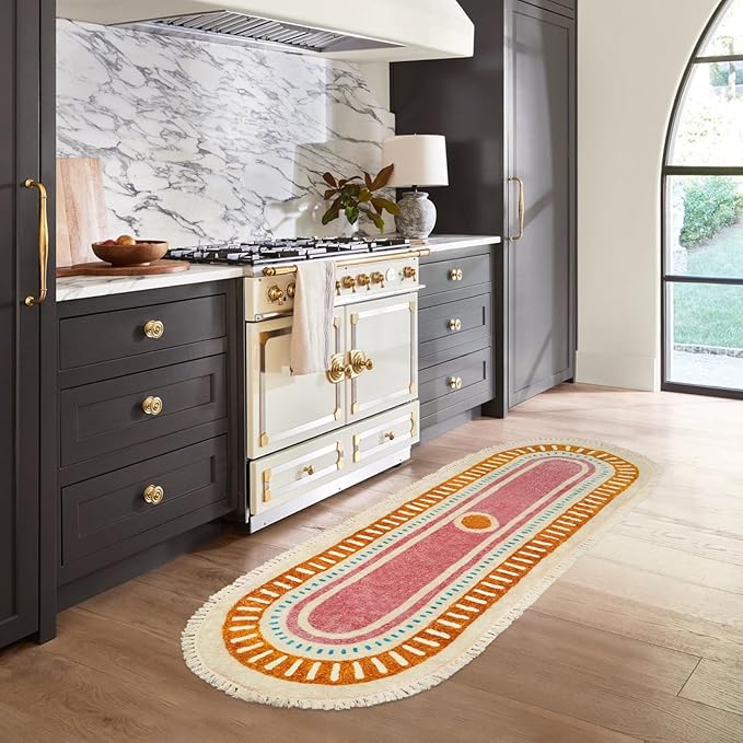 Lukinbox Boho Bathroom Runner Rugs with Fringes, 2x6 Oval Sun Washable Hallway Runner Rug, Extra Long Soft Non-Slip Rainbow Area Rug for Kitchen Laundry Room Entryway