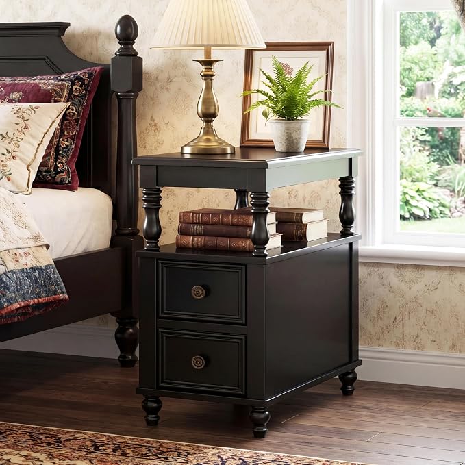 Tribesigns Solid Wood End Table, Vintage Side Table with 2 Drawers & 2-Tier Open Shelf, Mid-Century Nightstand, Slim Bedside Table for Small Space, Bedroom, Living Room, Black