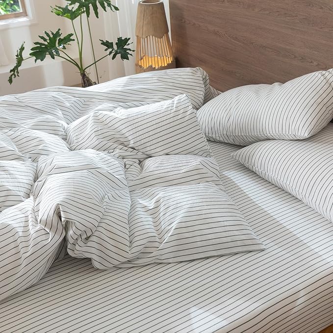 MooMee Striped Duvet Cover Set 100% Washed Cotton Linen Like Textured Breathable Durable Soft Comfy (White Heathered Green Wide Stripes, King 104"x90")