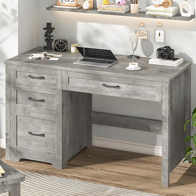 Vabches Farmhouse 47" Executive Desk with File Drawer, Wood Computer Desk with 3 Storage Drawers, Workstation for Home Office, Study, Writing.(Grey