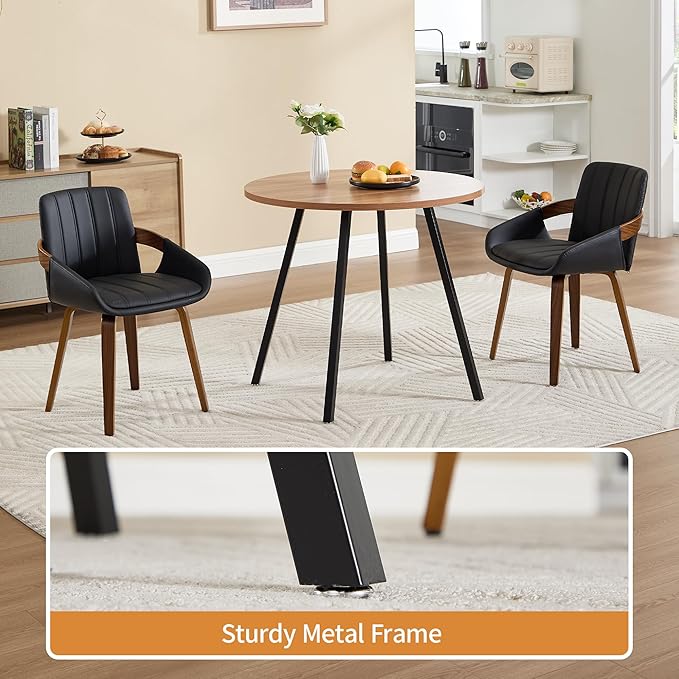 34.6" Round Dining Table for 2-4, Mid-Century Modern Walnut Kitchen Table with Woodgrain Top & Black Metal Legs, Space-Saving Table for Apartment, Breakfast Nook, Small Spaces - Walnut