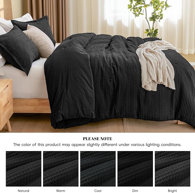 PHF Soft Waffle Comforter Set Twin Size- Comfy Breathable Waffle Weave Comforter with 1 Pillow Shams, 2 Pieces Less Snagging Lightweight Textured Bedding Set for All Season, Black