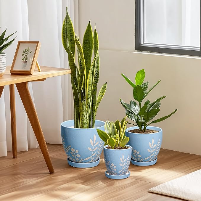 10 Inch Large Ceramic Plant Pot with Saucer - Round Planter with Drainage for Indoor Outdoor Plants, Boho Flower Pot, Home Office Room Garden Decor, Housewarming Gift, Blue