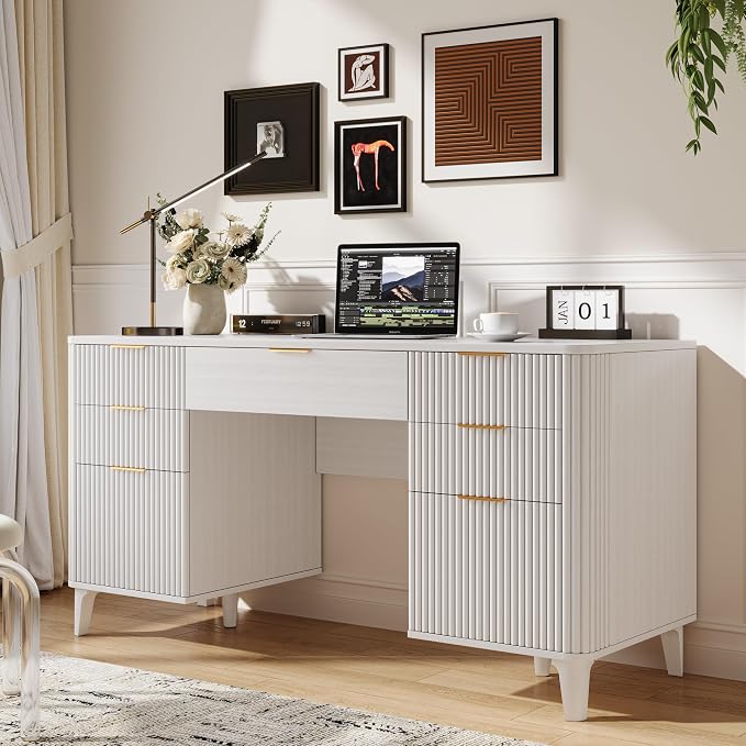 55.1" Fluted Executive Desk with Drawers, White Desk with Storage Cabinet, Home Office Desk with Charging Station, Farmhouse Desk with File Cabinet for Office Home