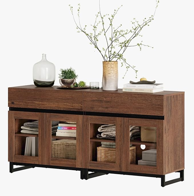 WAMPAT 63'' Multifunctional Sideboard Buffet Cabinets with 4 Glass Doors, Modern Sideboard Credenza, Coffee Bar Storage Cabinet for Living Room, Kitchen, Brown