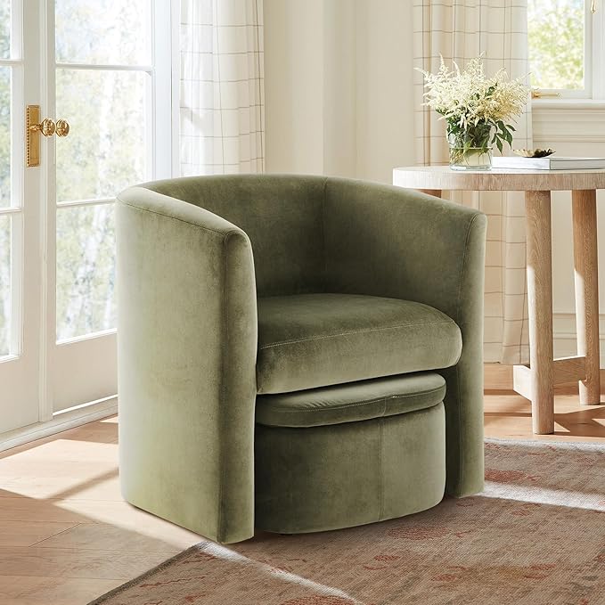 COLAMY Velvet Morden Living Room Chair with Storage Ottoman, Barrel Accent Chair with Lounge Seat for Bedroom/Reading Spaces, Green, Rubberwood, Sponge Foam, Velvet