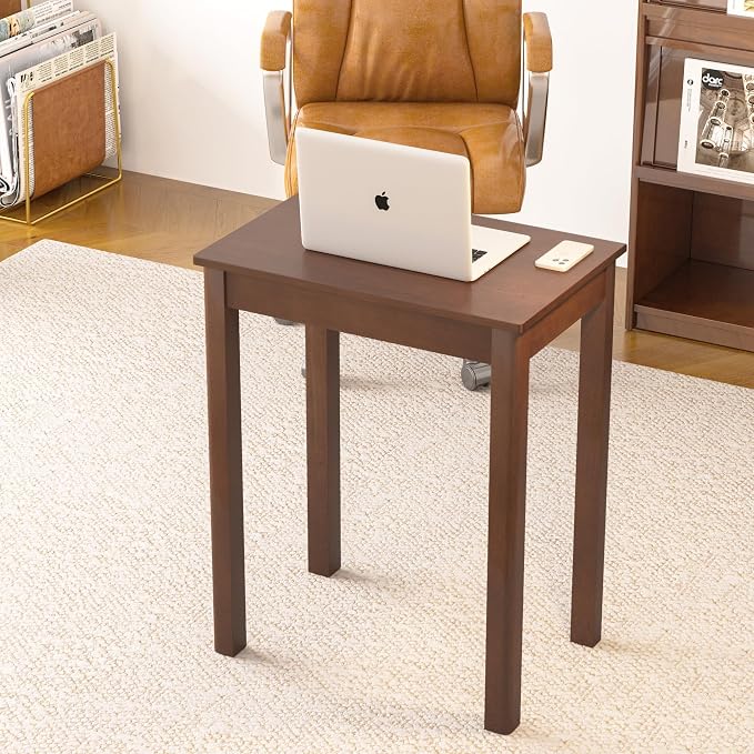 Solid Wooden Desk with Drawers - 24 x 16 Inch Vintage Narrow Desks, Mid Century Modern Desks, Rubber Wood Study Table, Small Writing Desk for Bedroom|Small Spaces - Walnut Color