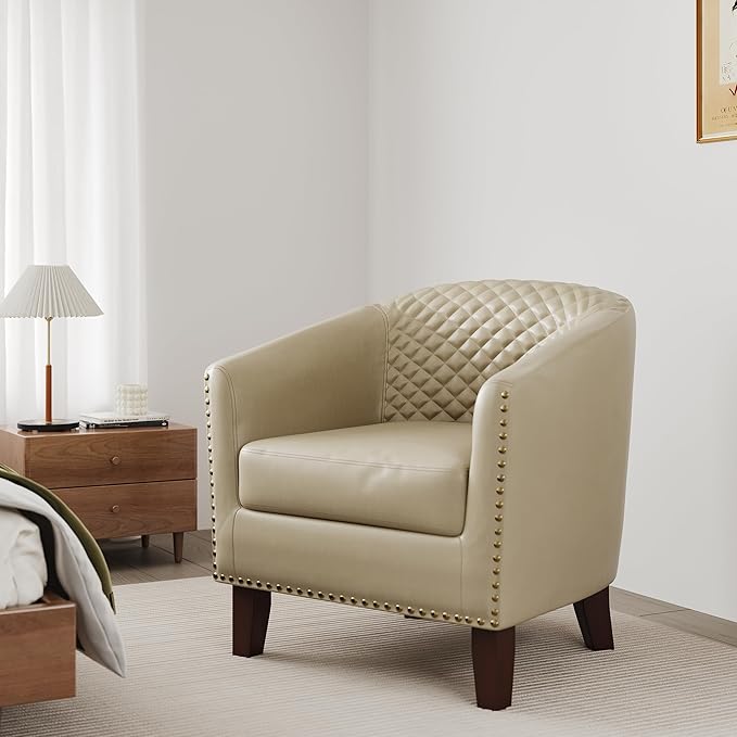 Accent Barrel Chair, Upholstered Faux Leather Club Chair with Nailed Trim, Comfy Reading Armchair for Living Room Bedroom Reception Room Office (Beige, Set of 4)