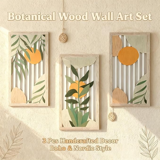 Boho Wall Art for Living Room - 3Pcs Botanical Wood Wall Decor, Minimalist Sun & Plant Design, Rustic Bohemian Hanging Art for Women, Homeowners, Renters, Bedroom, Bathroom, Office, Housewarming Gift
