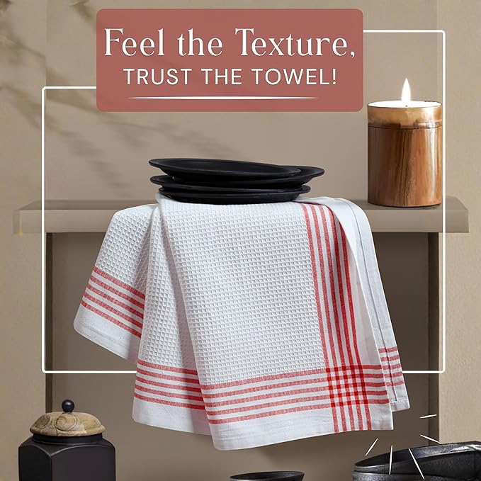 Waffle White & Red Kitchen Dish Towels, Set of 12, 100% Cotton 16x26 inches, Absorbent Tea Towel, Multi-Purpose Hand Cleaning Towel, Strong and Reusable Dish Cloths for Drying Dishes