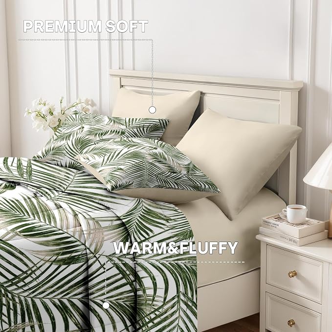 7Pcs Comforter Set King Size, Tropical Palm Tree Fronds Green Leaves, Bedding Decor Botanical Plant Palm Leaf Bedroom Bed Set Flat Sheet Fitted Sheet Pillowcases Shams for Kids Adults