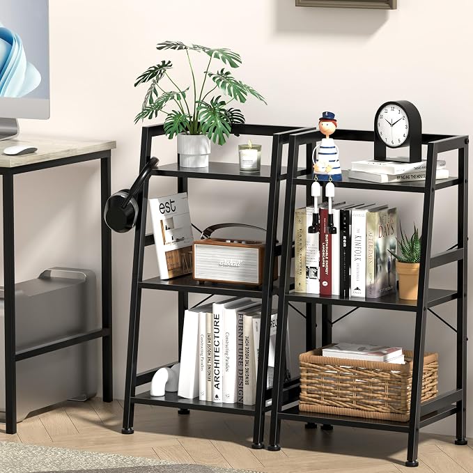 3-Tier Bookshelf, Ladder Shelf, Stand up Shelves, Industrial Bookcase with Steel Frame, Metal Small Bookcase, for Living Room, Home Office, Kitchen, Bedroom, Industrial Style(Black)